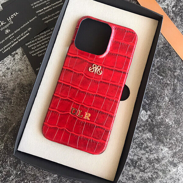 Deri iPhone Kılıf 13 Pro Max Kırmızı Croco Full Deri - 1