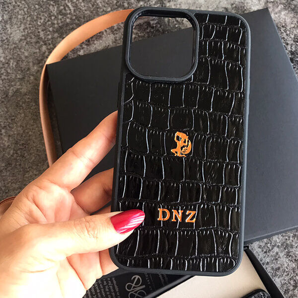 Deri iPhone Kılıf 13 Pro Siyah Croco - 4