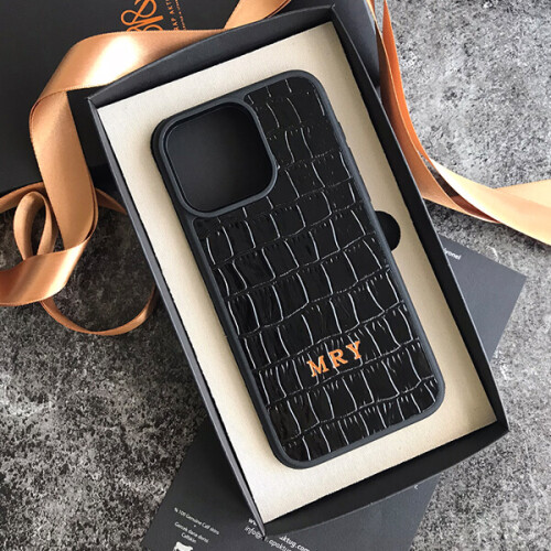 Deri iPhone Kılıf 13 Pro Max Siyah Croco - 