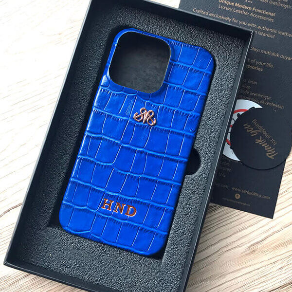 Deri iPhone Kılıf 13 Pro Saks Mavi Croco Full Deri - 3